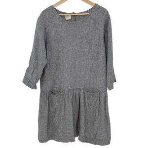 Vikolino Linen Dress Size S Gray Drop Waist 3/4‎ Sleeve Button Back Pockets
